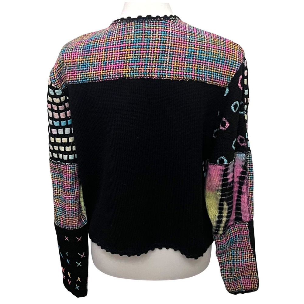 Vintage 80's Cotton Silk Patchwork Cardigan Sweater Black Multi Art to Wear M - Picture 2 of 10